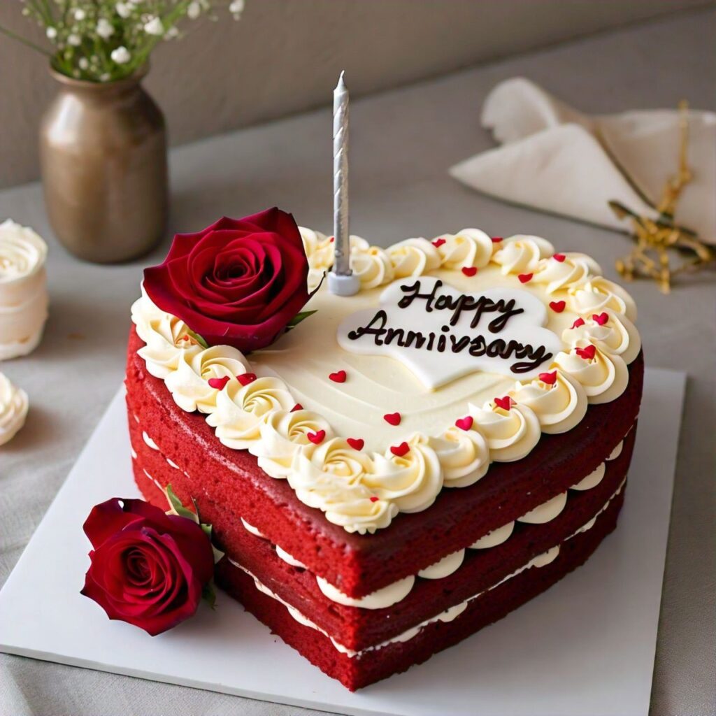 heart-shaped-red-velvet-anniversary-cake-with-flowers
