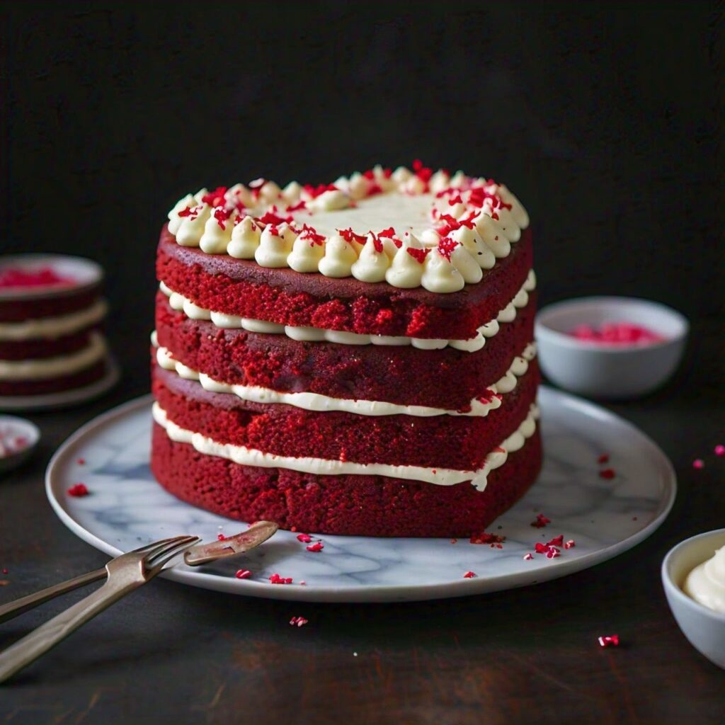 layered heart-shaped red velvet cake