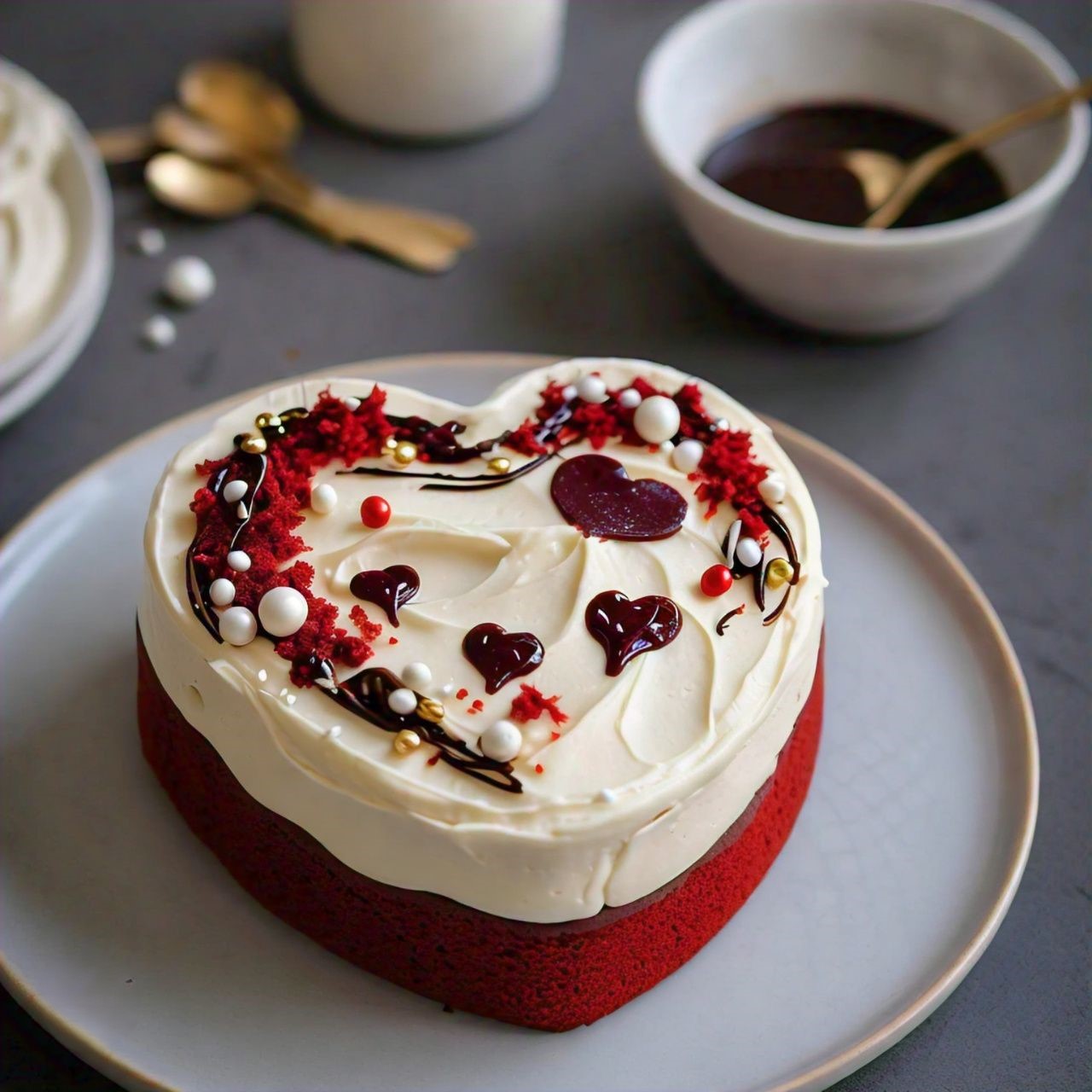 heart-shaped red velvet cake